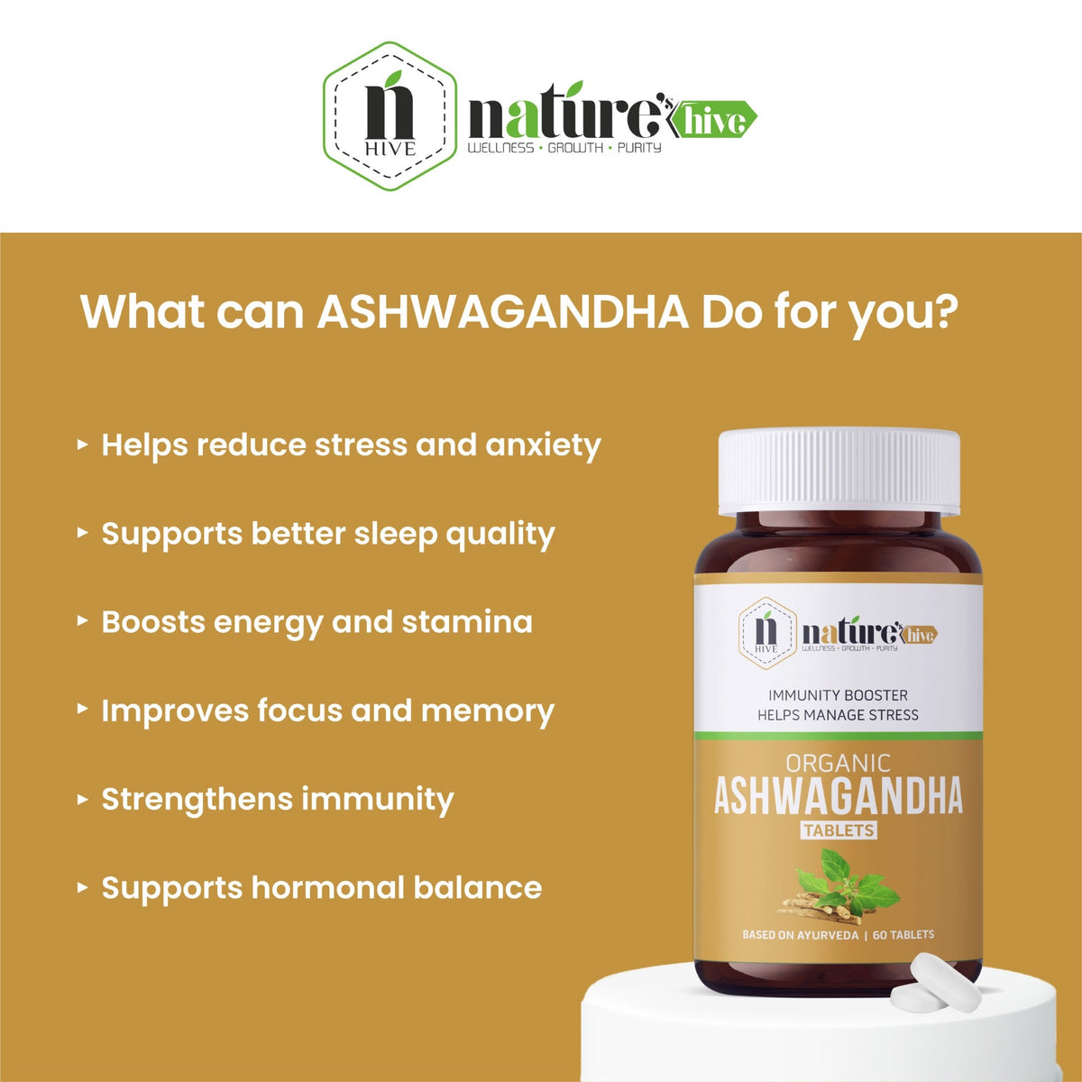 Nature's Hive Ashwagandha Tablets herbal supplement bottle with 60 tablets, natural herbal remedy for stress and vitality.