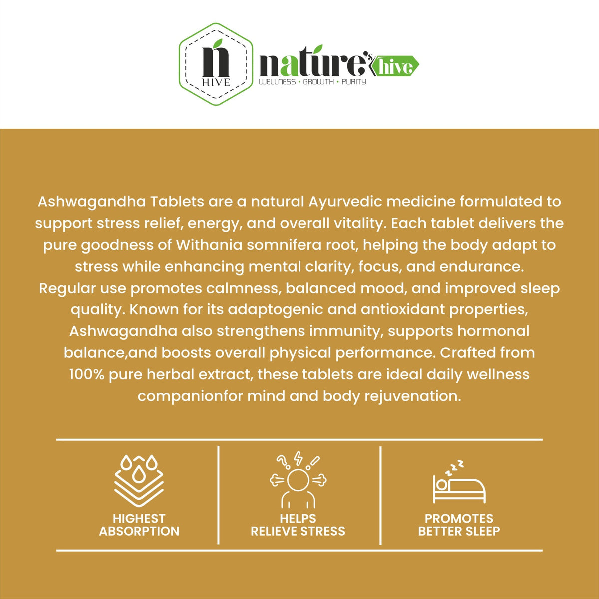 Nature's Hive Ashwagandha Tablets herbal supplement bottle with 60 tablets for stress relief and overall wellness.