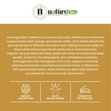 Nature's Hive Ashwagandha Tablets herbal supplement bottle with 60 tablets for stress relief and overall wellness.