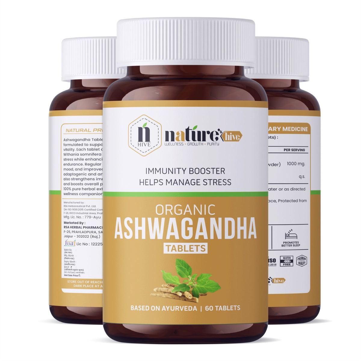 Nature's Hive Ashwagandha Tablets herbal supplement bottle with 60 tablets for stress relief and overall wellness.