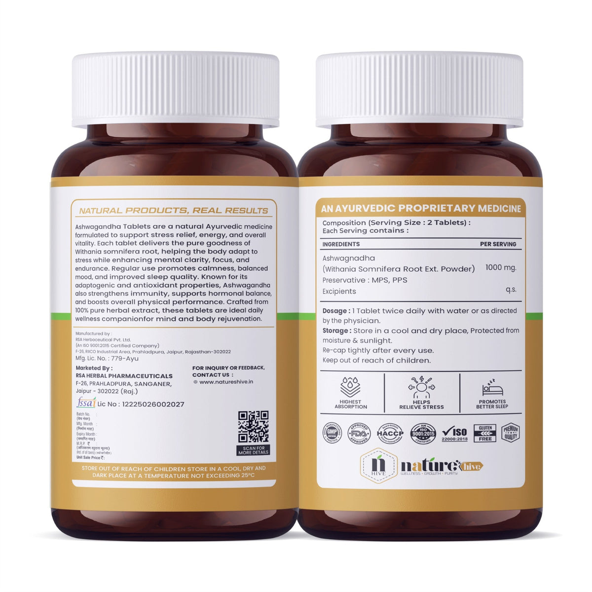 Nature's Hive Ashwagandha Tablets herbal supplement bottle with 60 tablets, natural herbal remedy for stress and energy support.