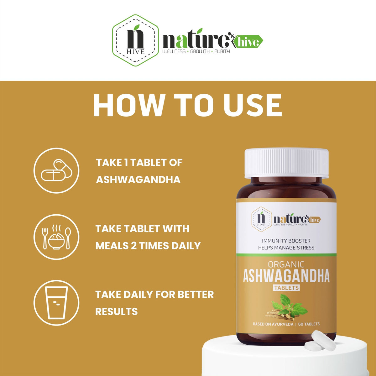 Nature's Hive Ashwagandha Tablets herbal supplement bottle with 60 tablets, natural adaptogen for stress support.