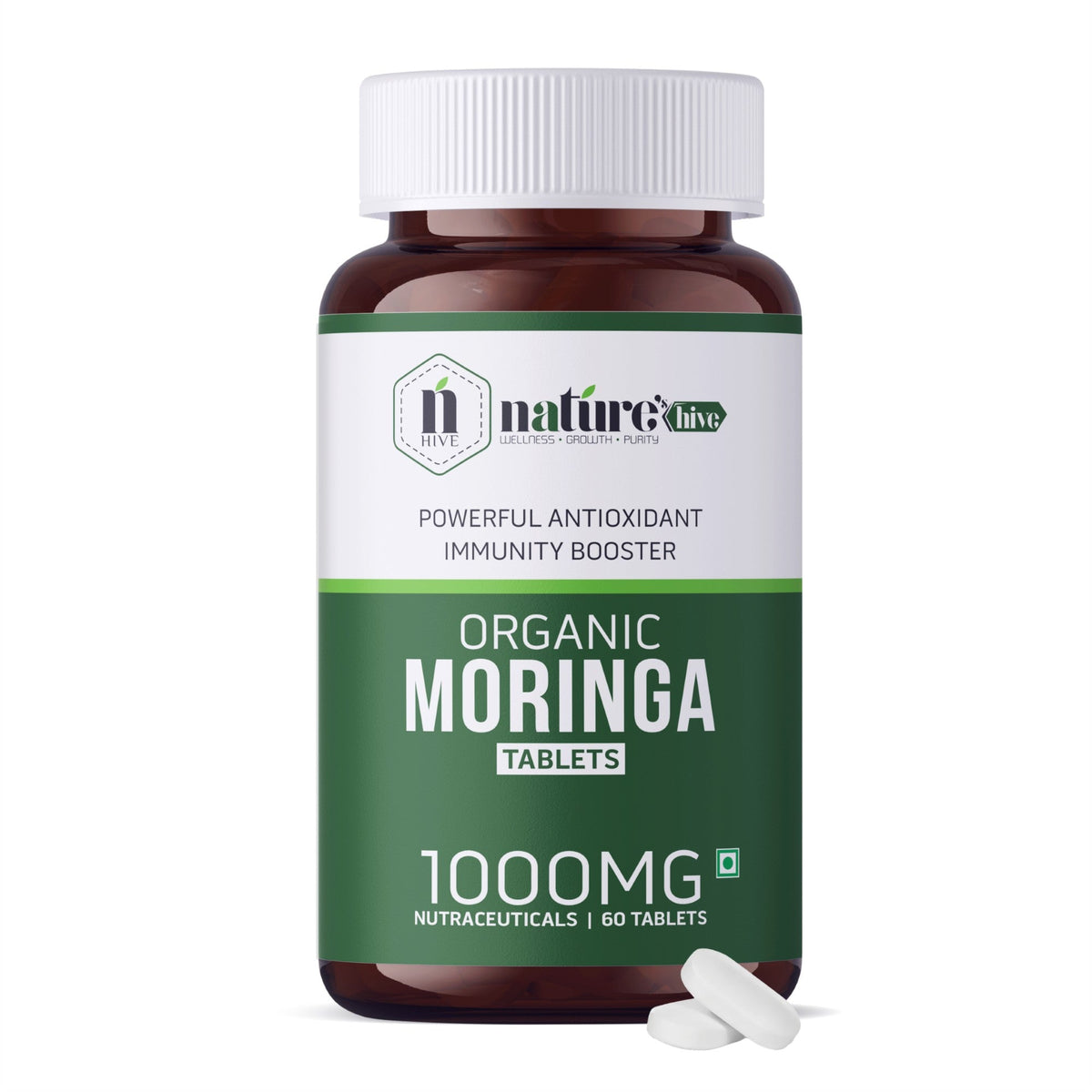 Nature's Hive Moringa Tablets herbal supplement bottle with 60 tablets, natural green label and cap.