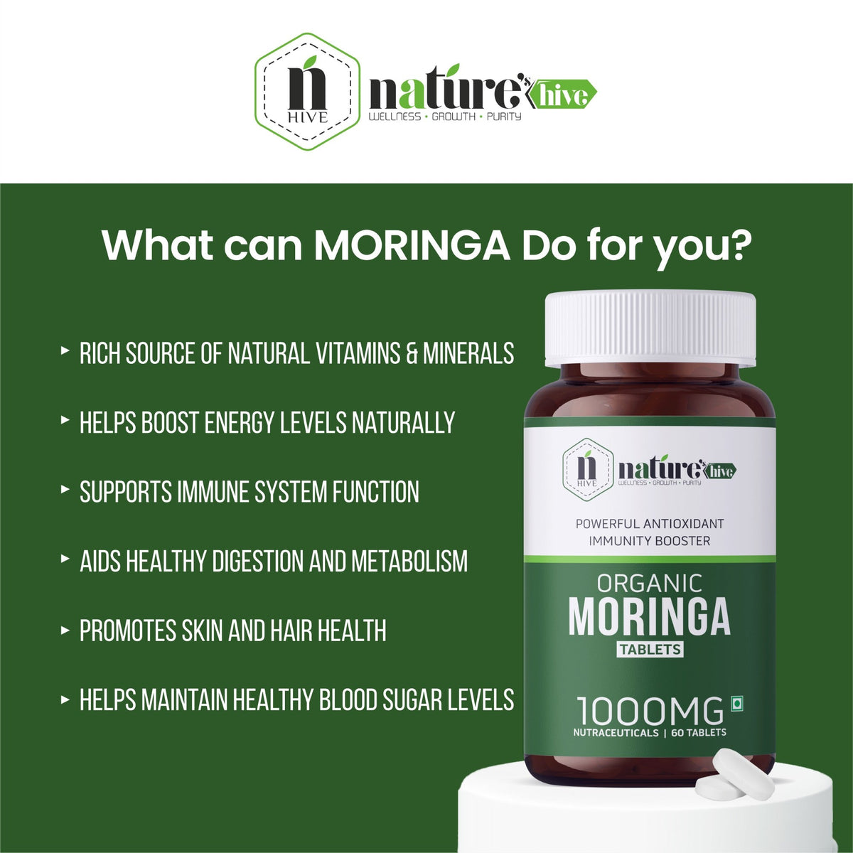 Nature's Hive Moringa Tablets herbal supplement bottle with 60 tablets, natural plant-based health support.