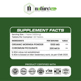 Nature's Hive Moringa Tablets herbal supplement bottle with 60 tablets, showcasing the product label and packaging.