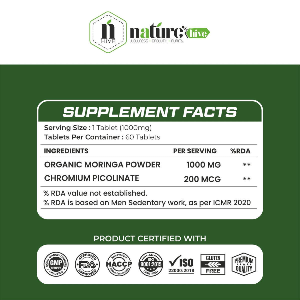 Nature's Hive Moringa Tablets herbal supplement bottle with 60 tablets, showcasing the product label and packaging.