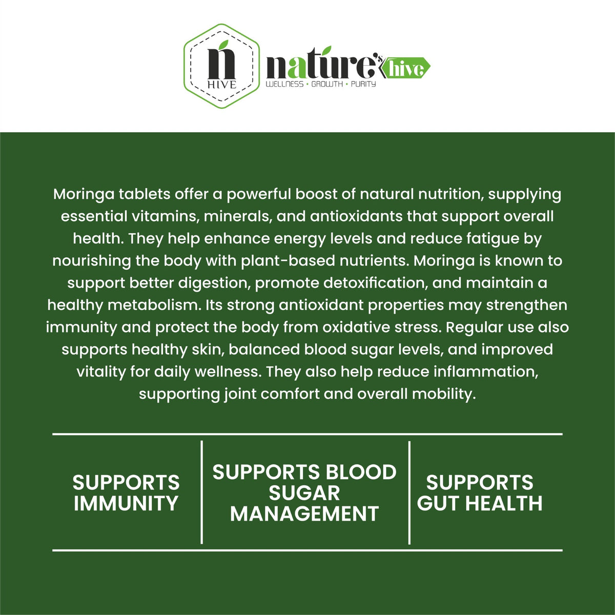 Nature's Hive Moringa Tablets herbal supplement bottle with 60 tablets, natural plant-based health support.