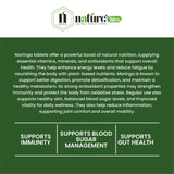 Nature's Hive Moringa Tablets herbal supplement bottle with 60 tablets, natural plant-based health support.