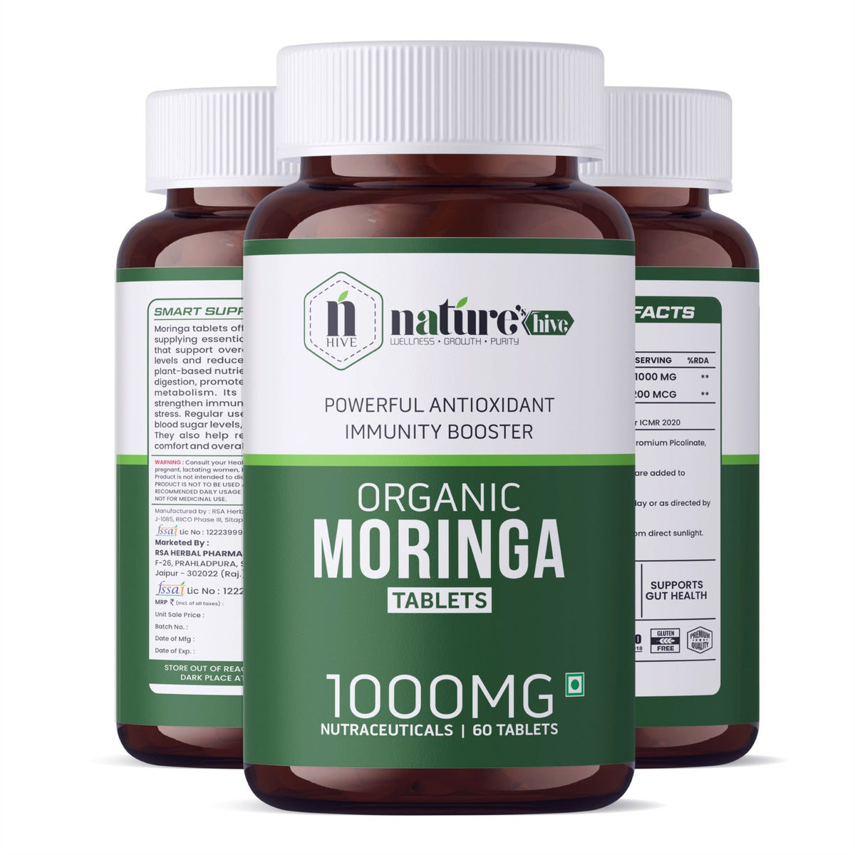 Nature's Hive Moringa Tablets herbal supplement bottle with 60 tablets, natural health product for wellness and energy.