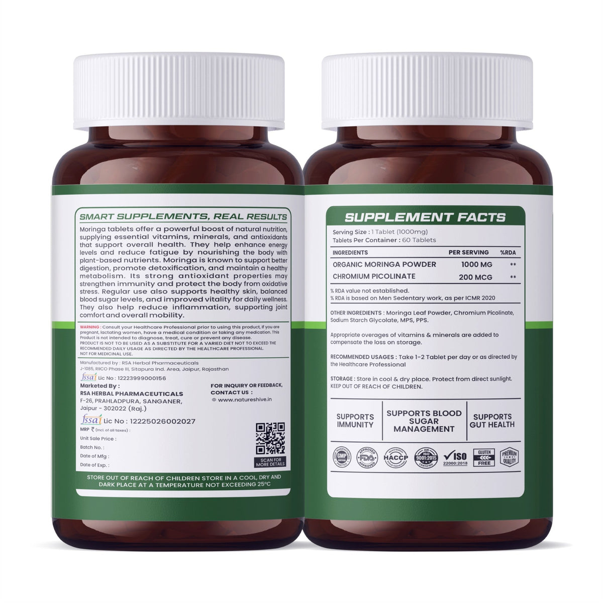 Nature's Hive Moringa Tablets herbal supplement, 60 tablets, showing the bottle and tablets inside a natural setting.