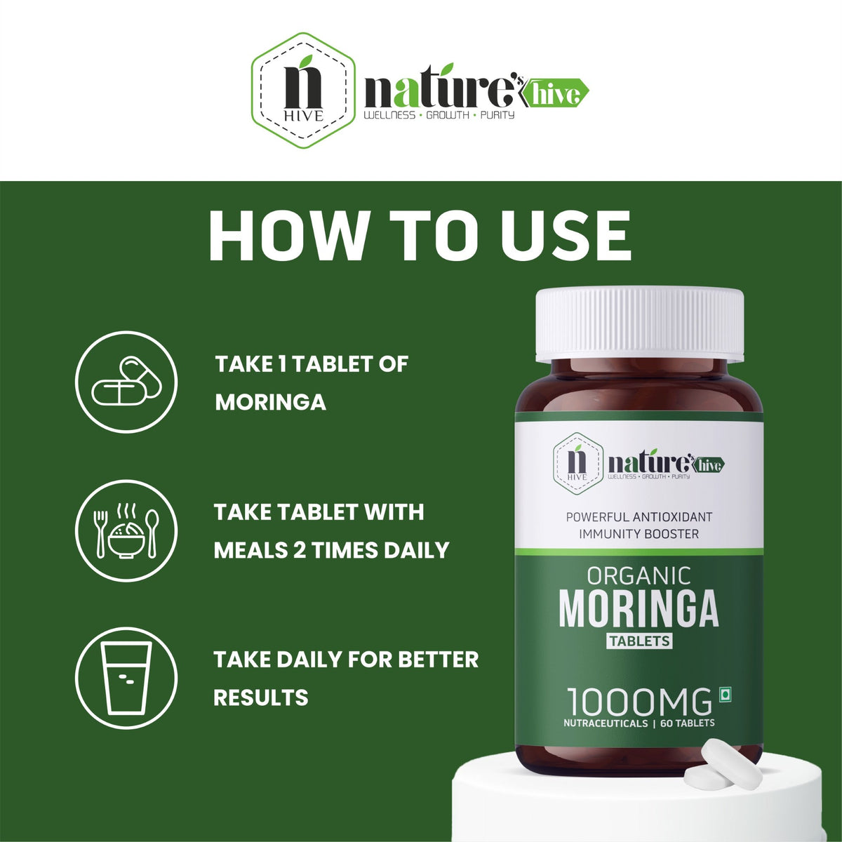 Nature's Hive Moringa Tablets herbal supplement bottle with 60 tablets, natural plant-based wellness product.