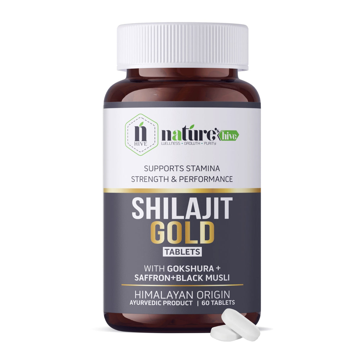 Nature's Hive Shilajit Gold Tablets herbal supplement, 60 tablets, showing the packaging and tablets with gold accents.