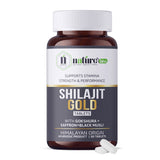 Nature's Hive Shilajit Gold Tablets herbal supplement, 60 tablets, showing the packaging and tablets with gold accents.