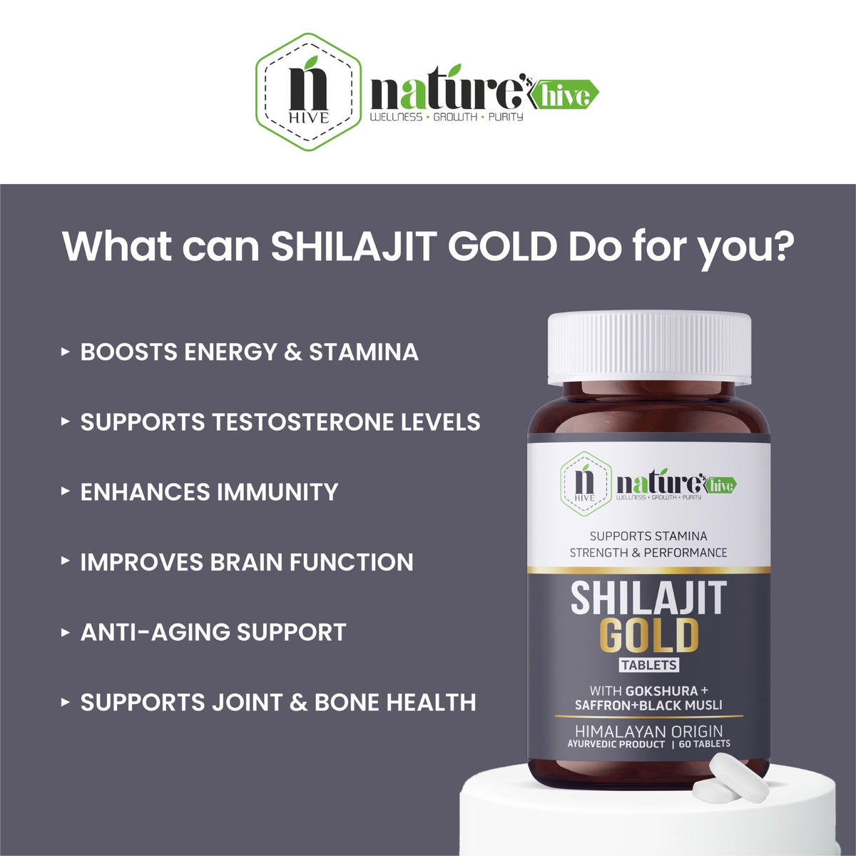 Nature's Hive Shilajit Gold herbal supplement tablets, 60 count, showing the golden tablets in a container with natural background.