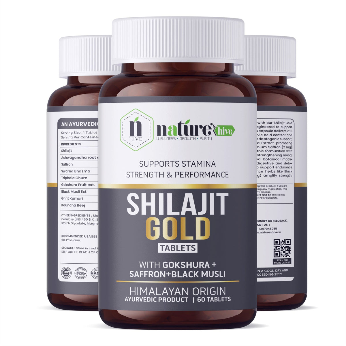 Nature's Hive Shilajit Gold Tablets herbal supplement, 60 tablets, showing the bottle and tablets in a natural setting.