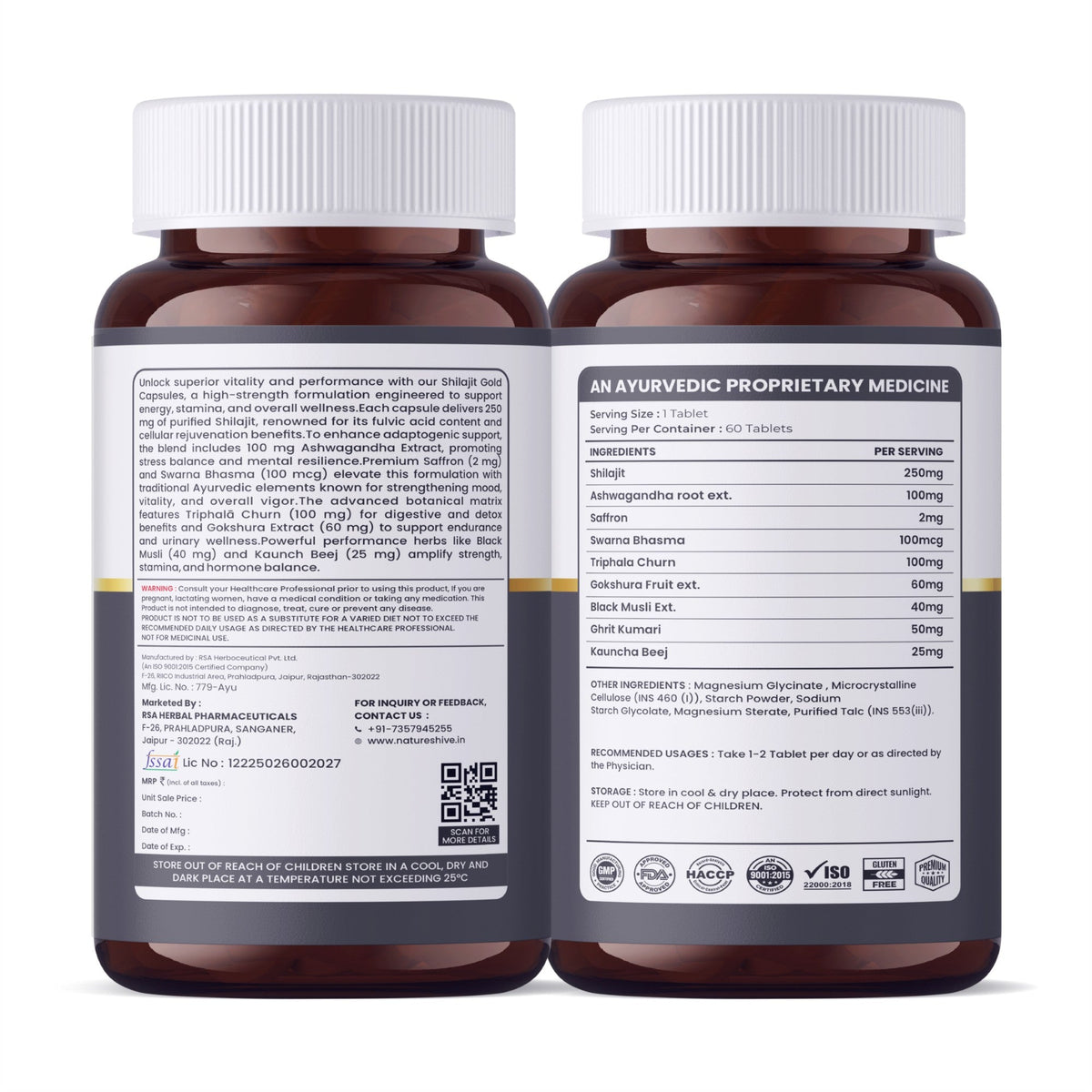 Nature's Hive Shilajit Gold herbal supplement tablets, 60-count, natural resin extract for energy and wellness.