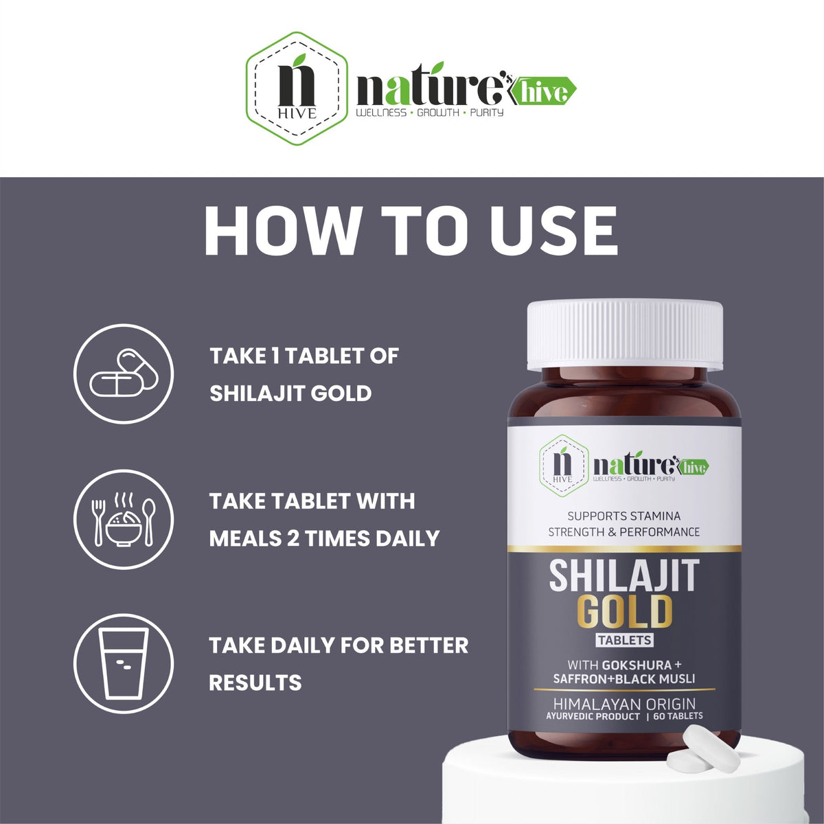 Nature's Hive Shilajit Gold herbal supplement tablets, 60-count, showing the package and tablets on a white background.