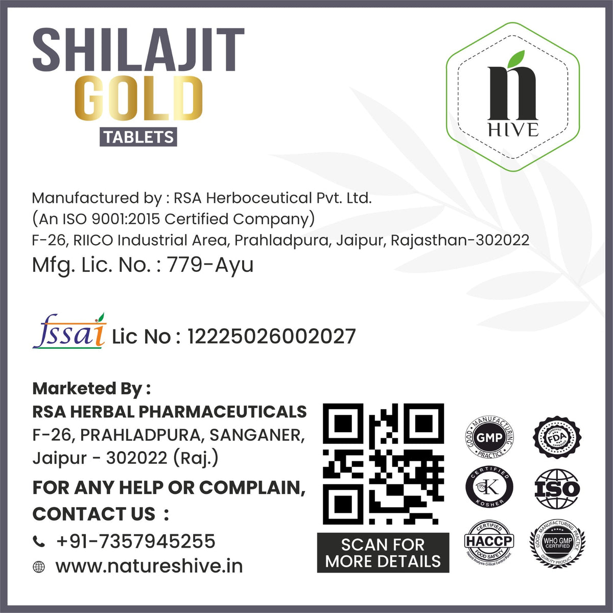 Nature's Hive Shilajit Gold herbal supplement tablets, 60-count, showing the golden tablets in a blister pack.