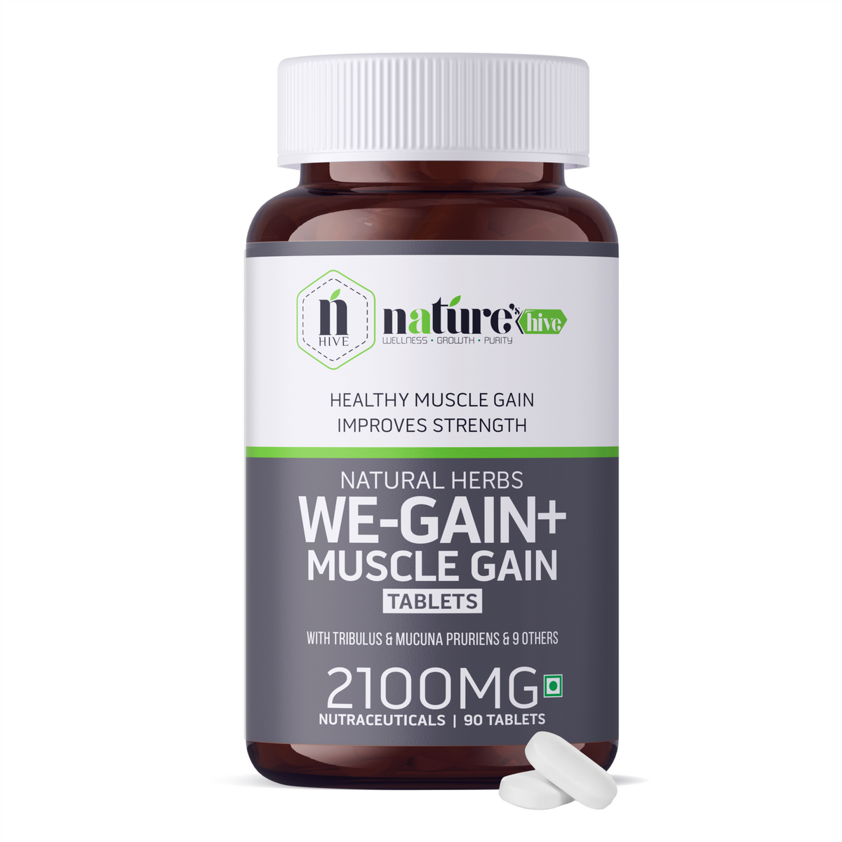 Nature's Hive We-Gain Tablets, 60-count mass gainer supplement in blister pack, designed to support muscle growth and weight gain.