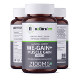 Nature's Hive We-Gain tablets, a mass gainer supplement, shown in a bottle with 60 tablets for muscle building and weight gain.