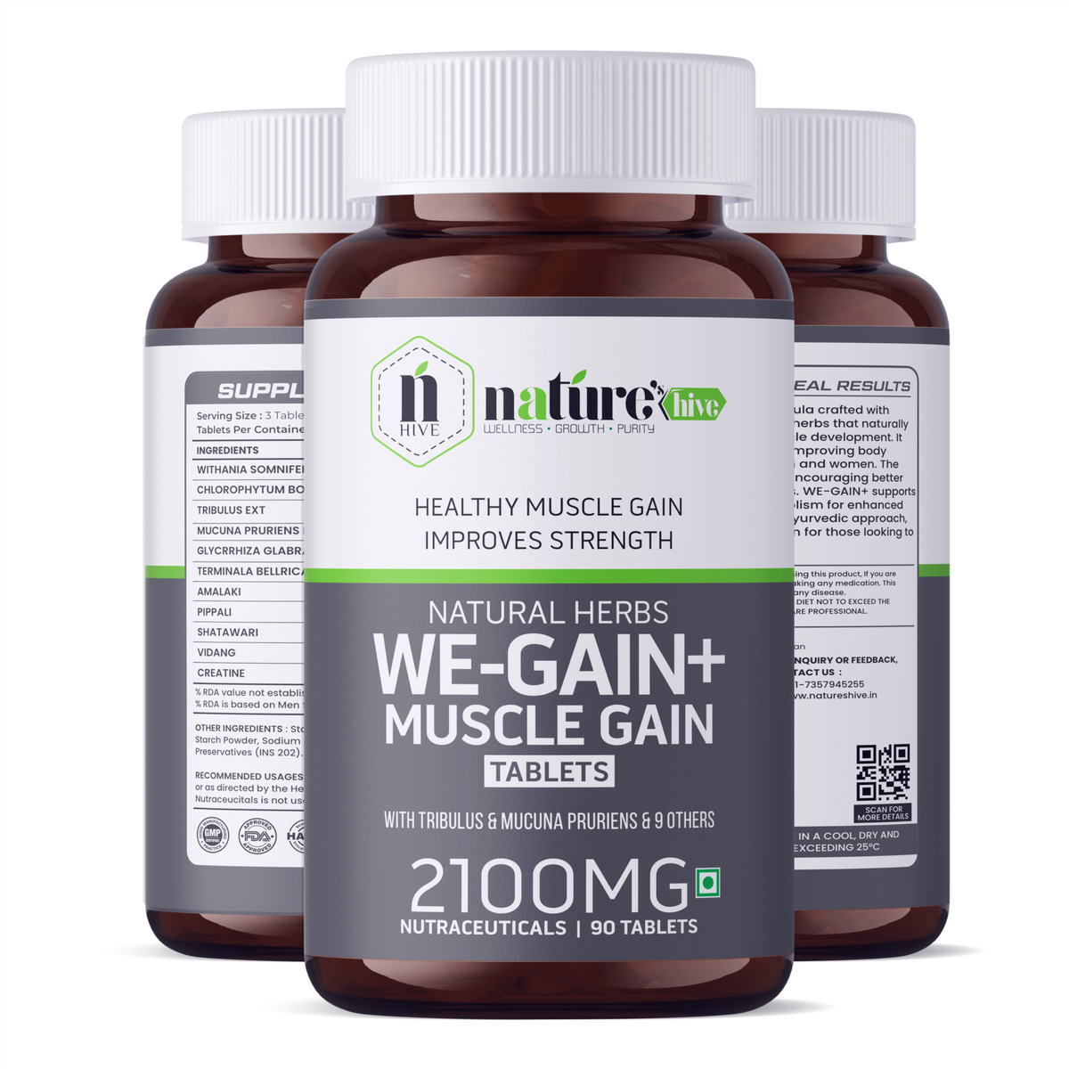 Nature's Hive We-Gain tablets, a mass gainer supplement, shown in a bottle with 60 tablets for muscle building and weight gain.