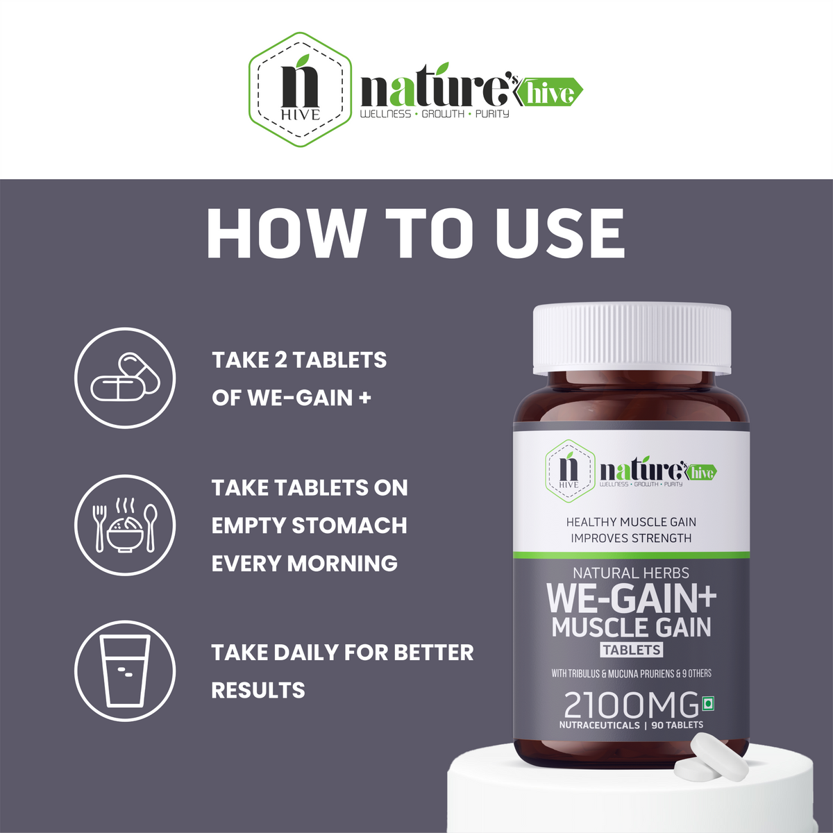 Nature's Hive We-Gain Tablets, 60 mass gainer supplement tablets for muscle growth and increased calorie intake.