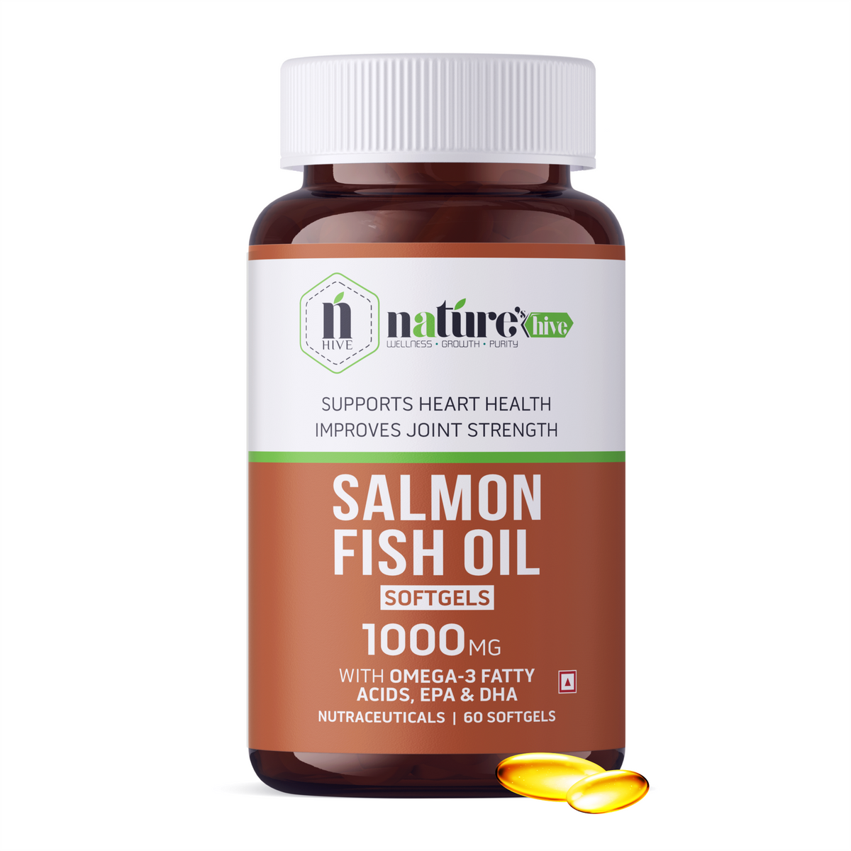 Nature's Hive Salmon Fish Oil Omega 3 capsules, 60 softgel supplements rich in omega-3 fatty acids, designed for heart and brain health.