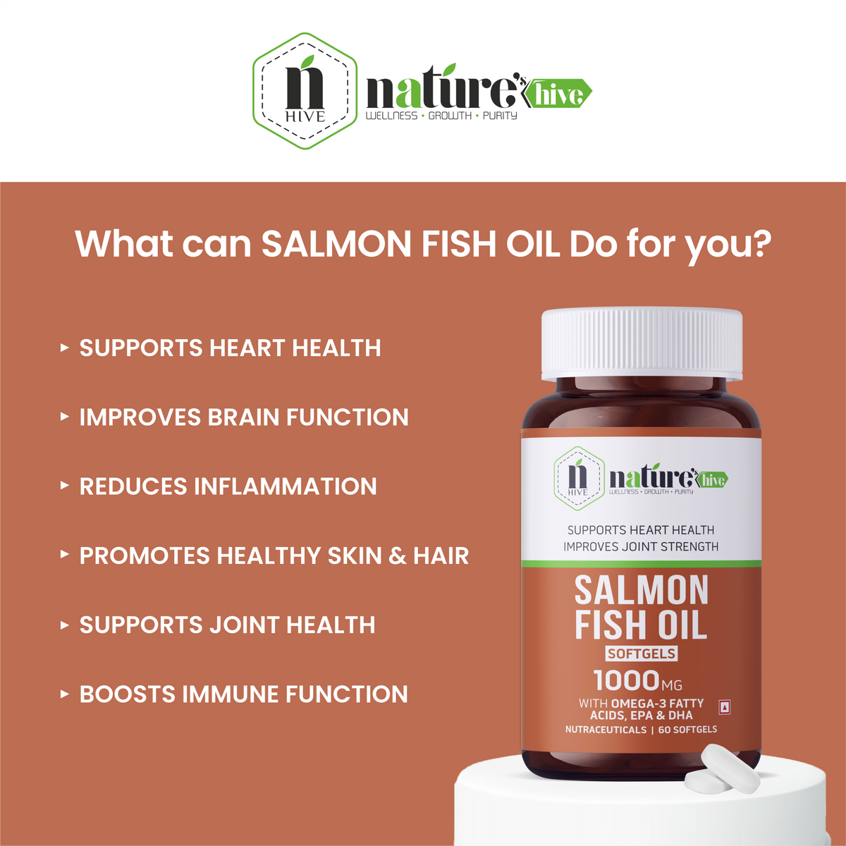 Nature's Hive Salmon Fish Oil Omega 3 capsules, 60 soft gels, rich in omega-3 fatty acids, natural salmon oil supplement.