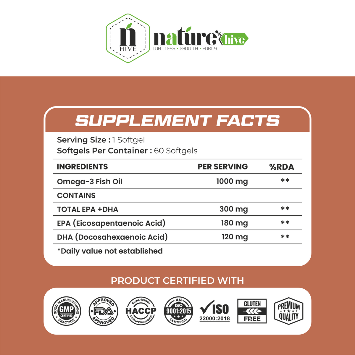 Nature's Hive Salmon Fish Oil Omega 3 Capsules, 60 softgel capsules showing the bottle and capsules inside