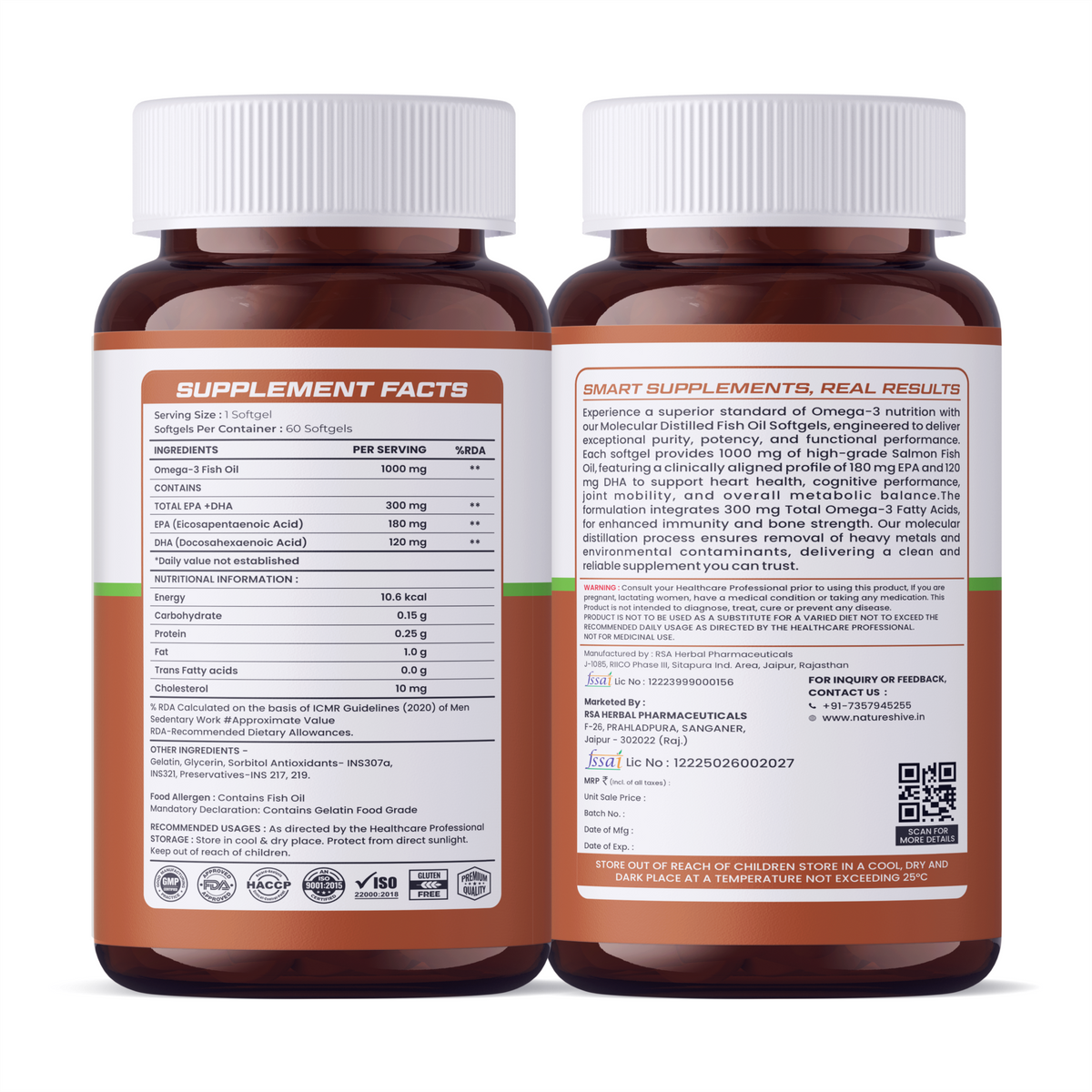 Nature's Hive Salmon Fish Oil Omega 3 capsules, 60 softgel capsules, rich in omega-3 fatty acids for heart health and wellness.