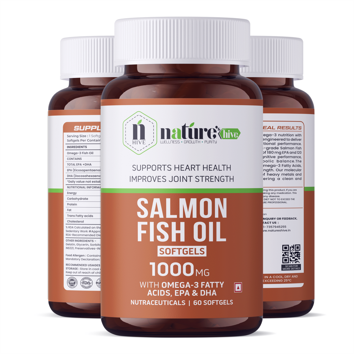 Nature's Hive Salmon Fish Oil Omega 3 capsules, 60 softgel capsules for heart and joint health, natural omega-3 supplement