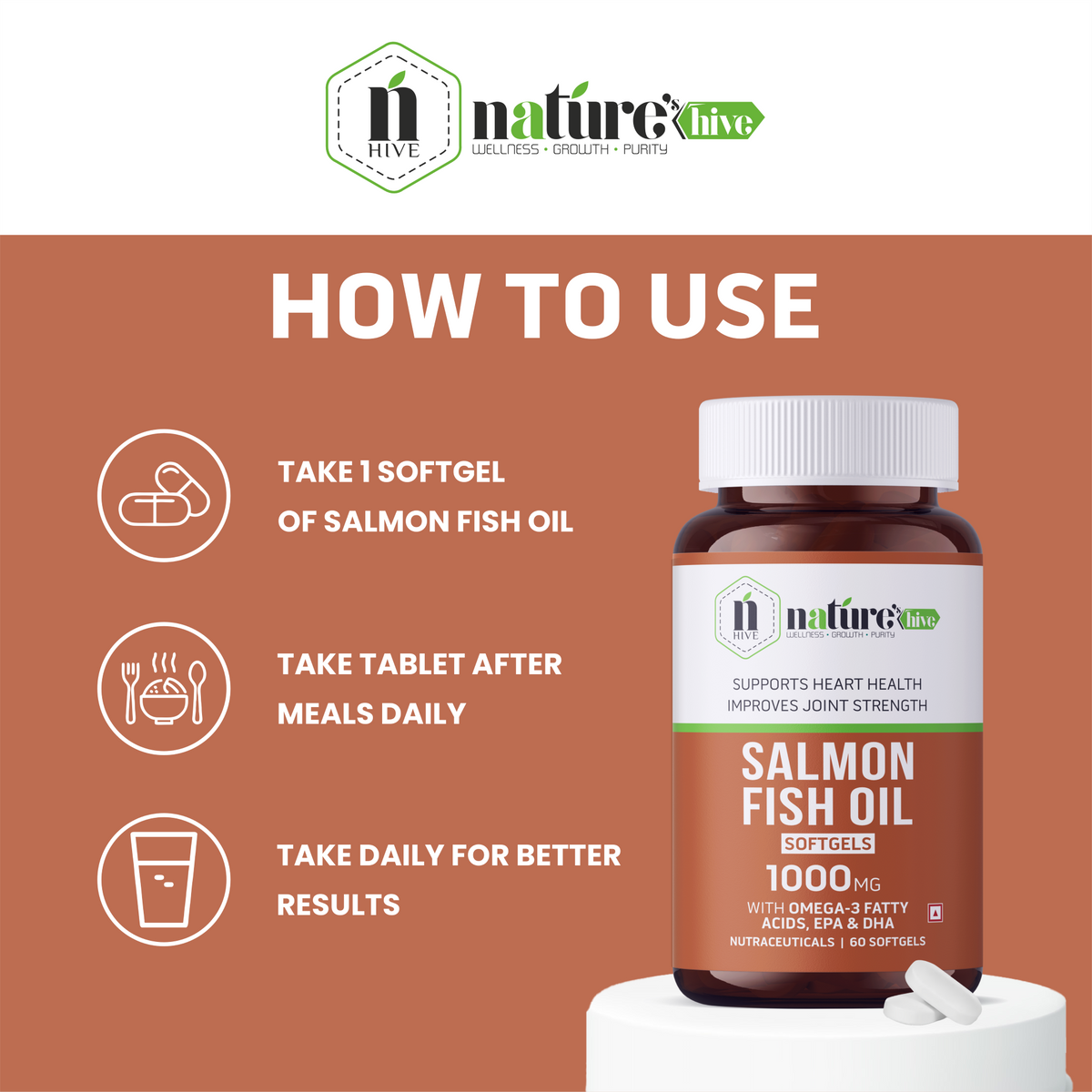 Nature's Hive Salmon Fish Oil Omega 3 Capsules, 60 softgel capsules, rich in omega-3 fatty acids, natural fish oil supplement