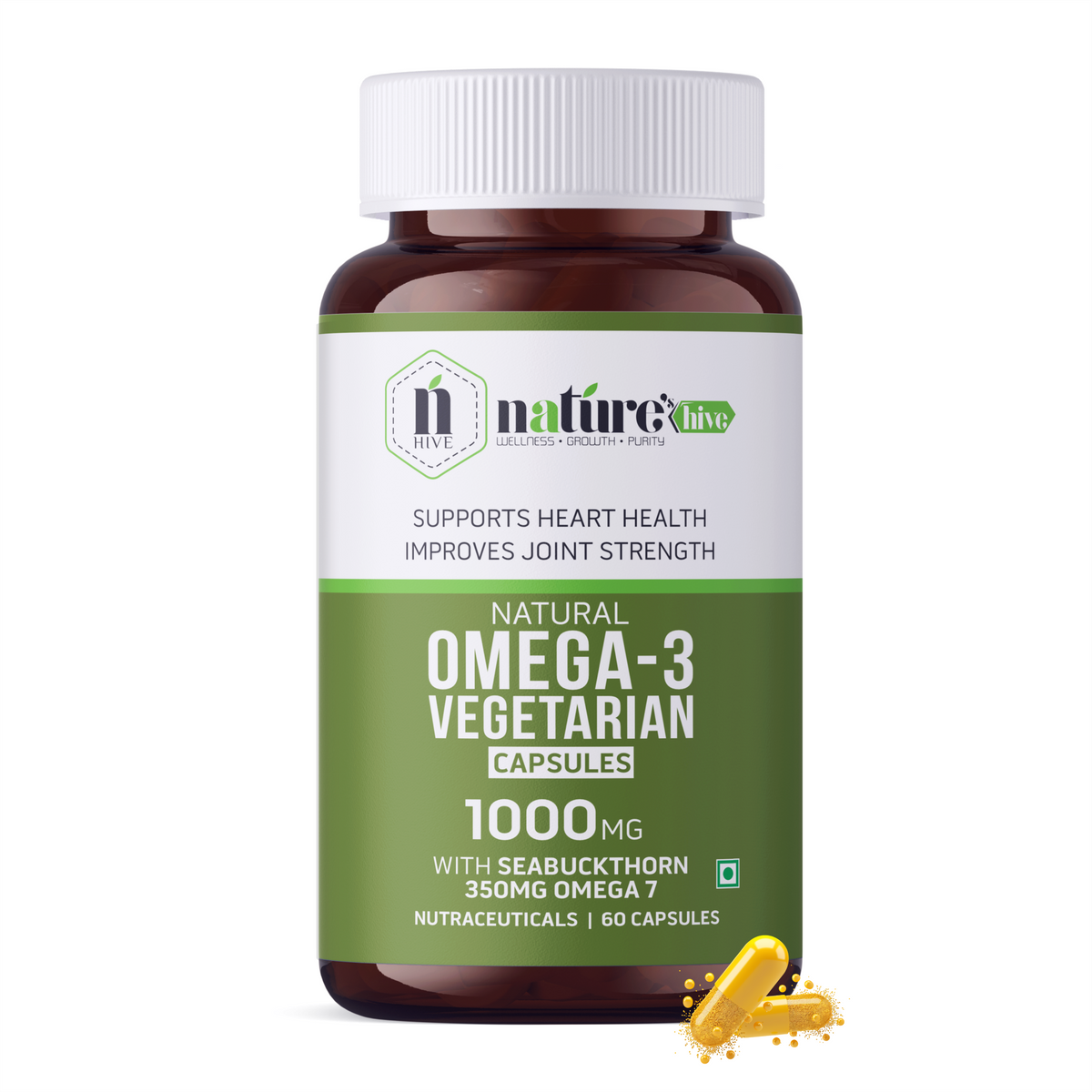 Nature's Hive Veg Omega 3 capsules showing 60 softgel capsules in a transparent container, natural omega-3 supplement.