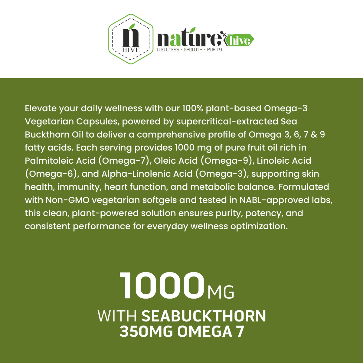 Nature's Hive Veg Omega 3 capsules, 60 softgel supplements rich in omega-3 fatty acids, displayed in clear container.