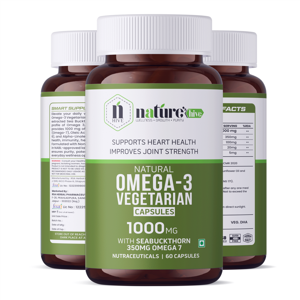 Nature's Hive Veg Omega 3 capsules in a bottle, showing 60 softgel capsules for omega-3 supplement intake.