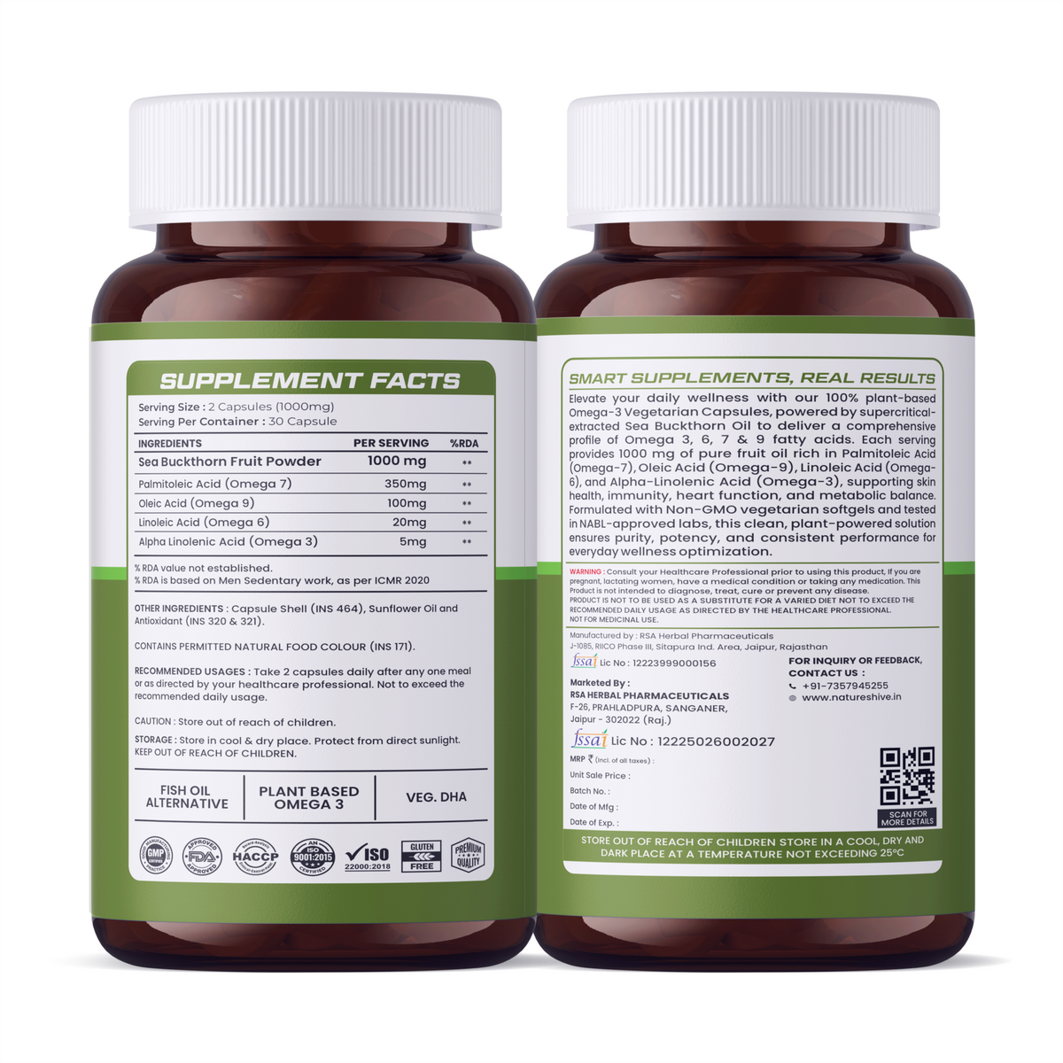 Nature's Hive Veg Omega 3 capsules, 60 softgel supplement bottles containing plant-based omega 3 fatty acids.