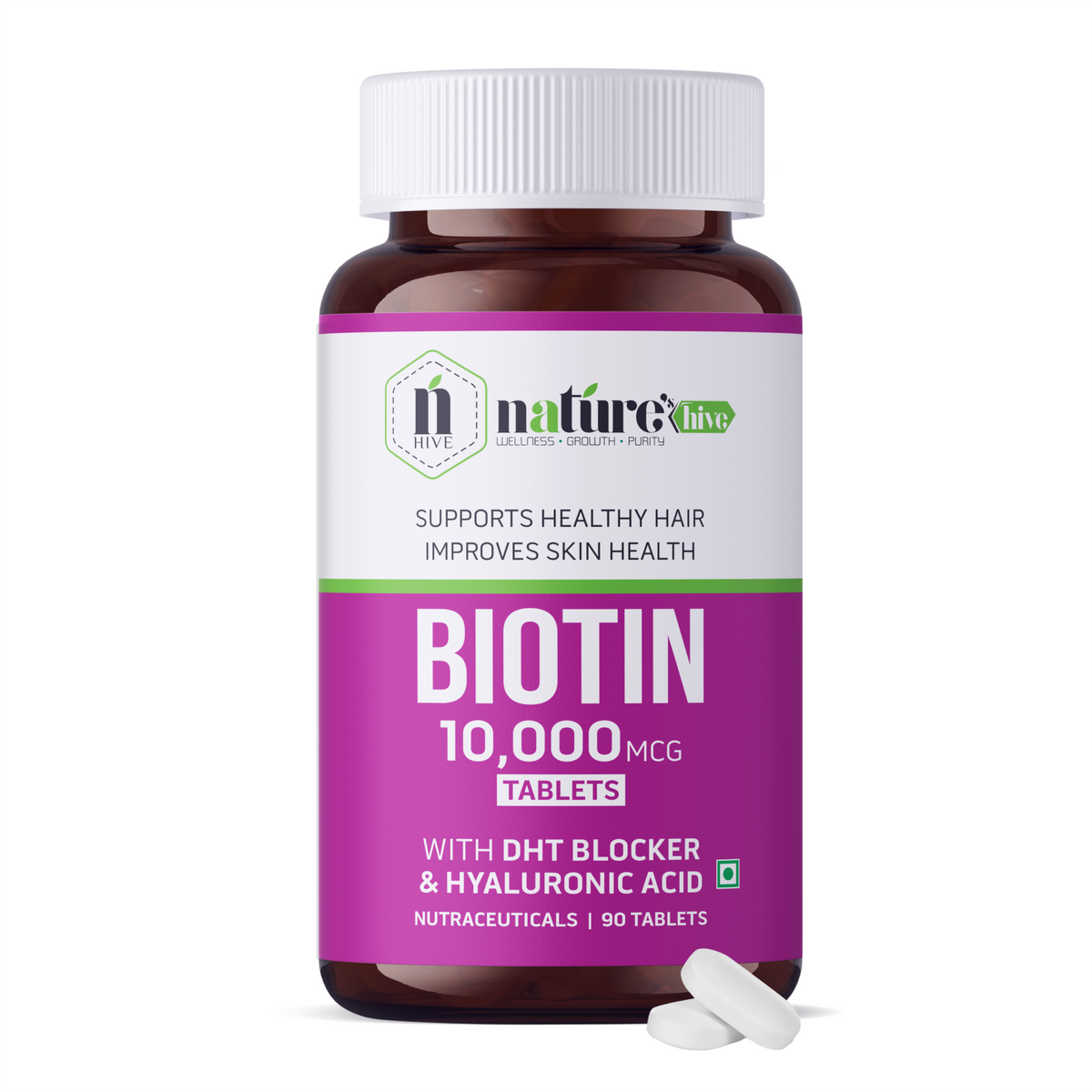 Nature's Hive Biotin Tablets, vegan vitamins and minerals supplement for healthy hair, skin, and nails.
