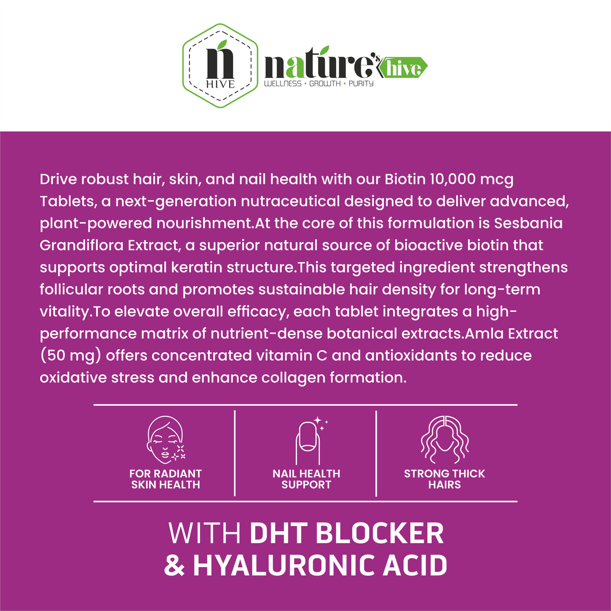 Nature's Hive Biotin Tablets, dietary vitamins and minerals supplement with biotin for healthy hair, skin, and nails.