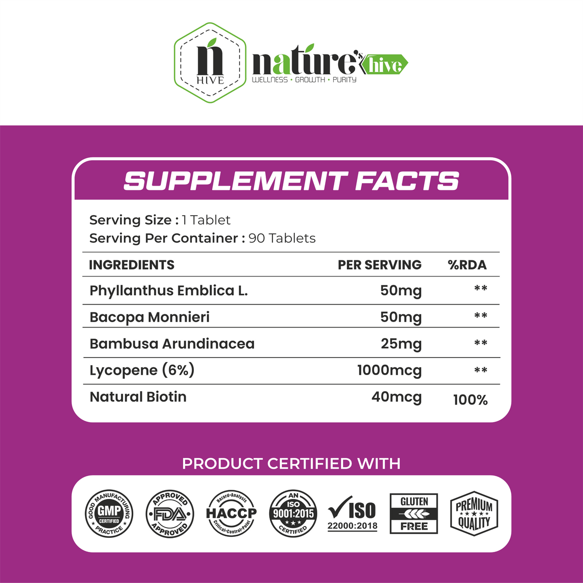 Nature's Hive Biotin Tablets, vitamins and minerals supplement, showing a bottle of biotin tablets on a white background.