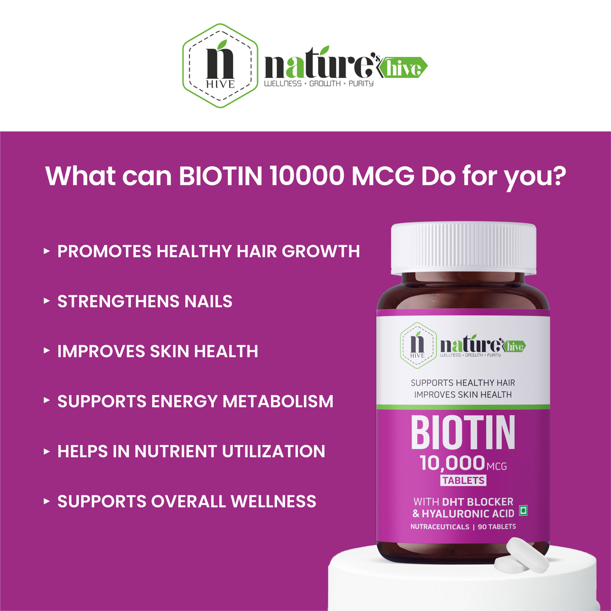 Nature's Hive Biotin Tablets, vitamins and minerals supplement, close-up of bottle with tablets for healthy hair and skin.