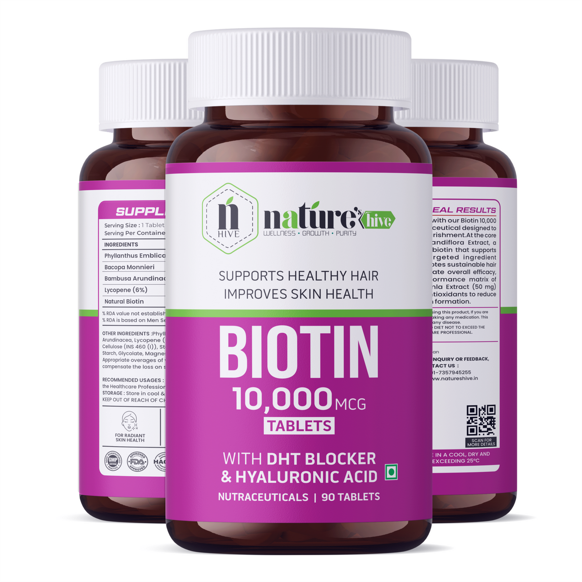 Nature's Hive Biotin Tablets, dietary vitamins and minerals supplement for healthy hair, skin, and nails.
