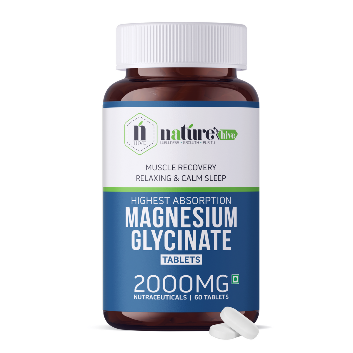Nature's Hive Magnesium Tablets, 60-count vitamins and minerals supplement, featuring white tablets in blister packaging.