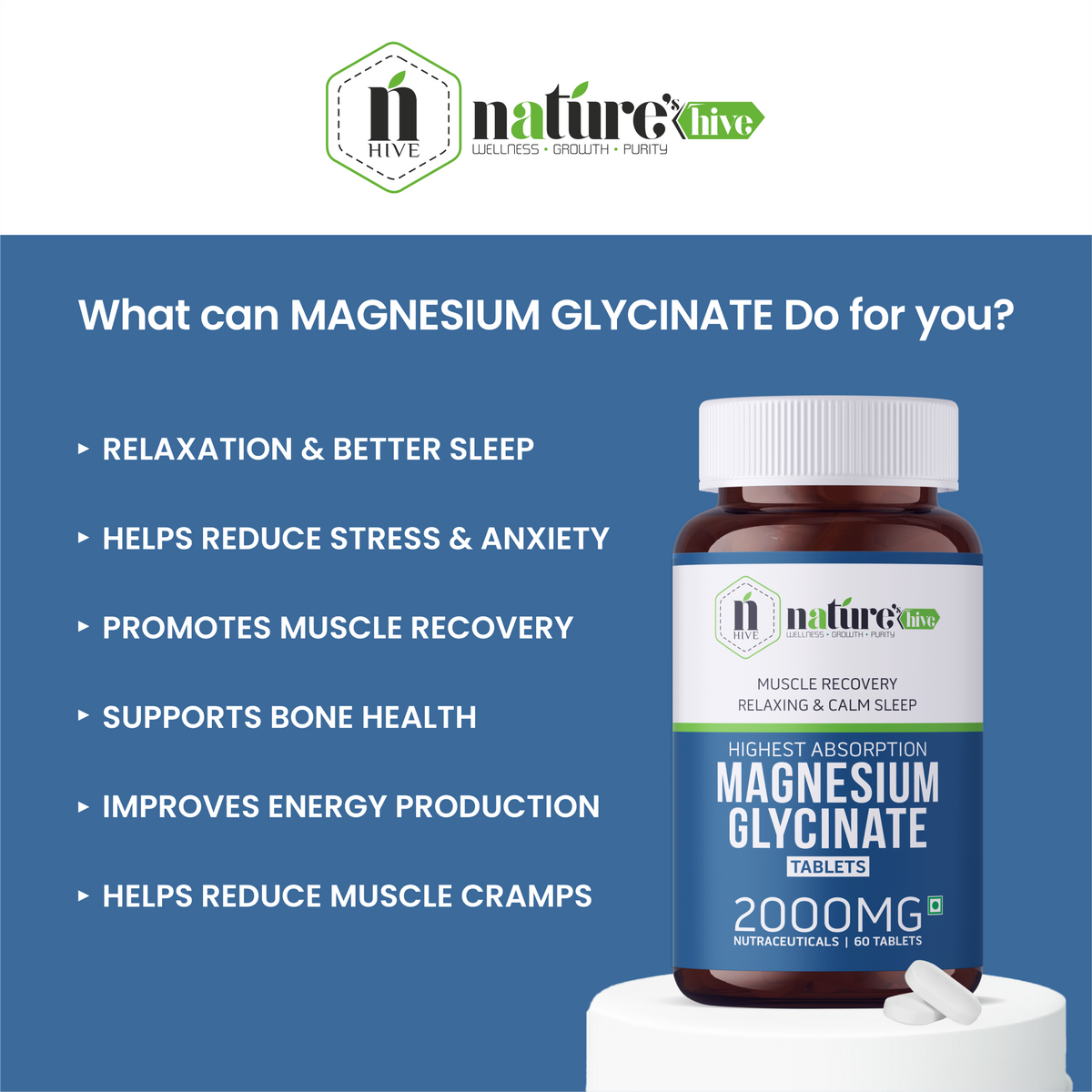 Nature's Hive Magnesium Tablets, 60-count bottle of vitamins and minerals, showing the supplement tablets and packaging.