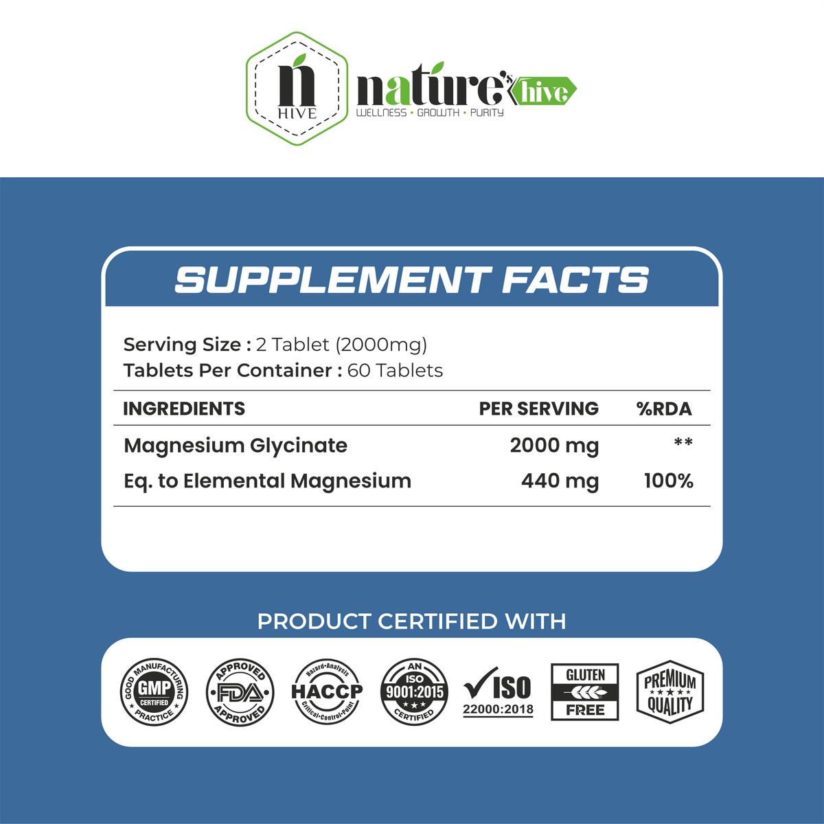 Nature's Hive Magnesium Tablets, 60-count, dietary vitamins and minerals supplement with natural magnesium for daily health support.
