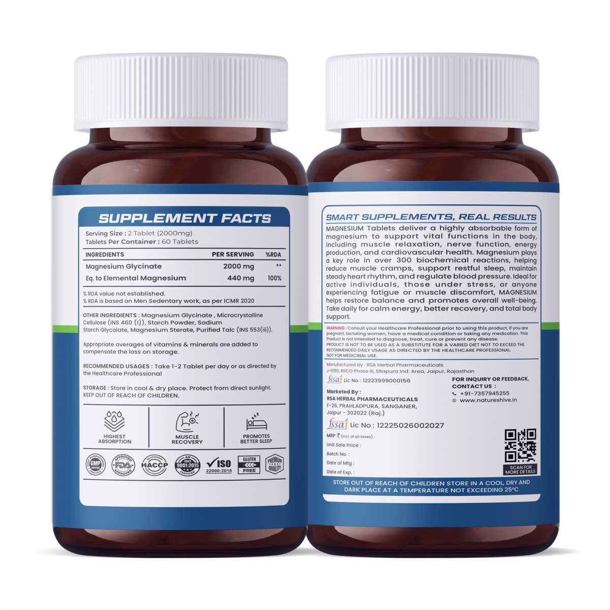Nature's Hive Magnesium Tablets, bottle of 60 vitamins and minerals supplement with white tablets in a clear container.