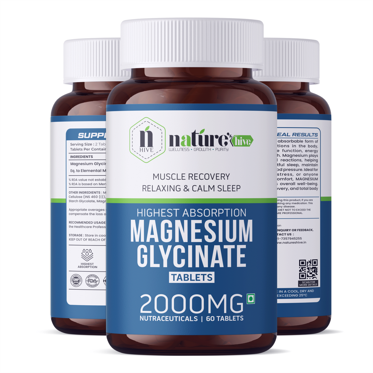 Nature's Hive Magnesium Tablets, 60-count, vitamins and minerals supplement with natural magnesium in a clear bottle.