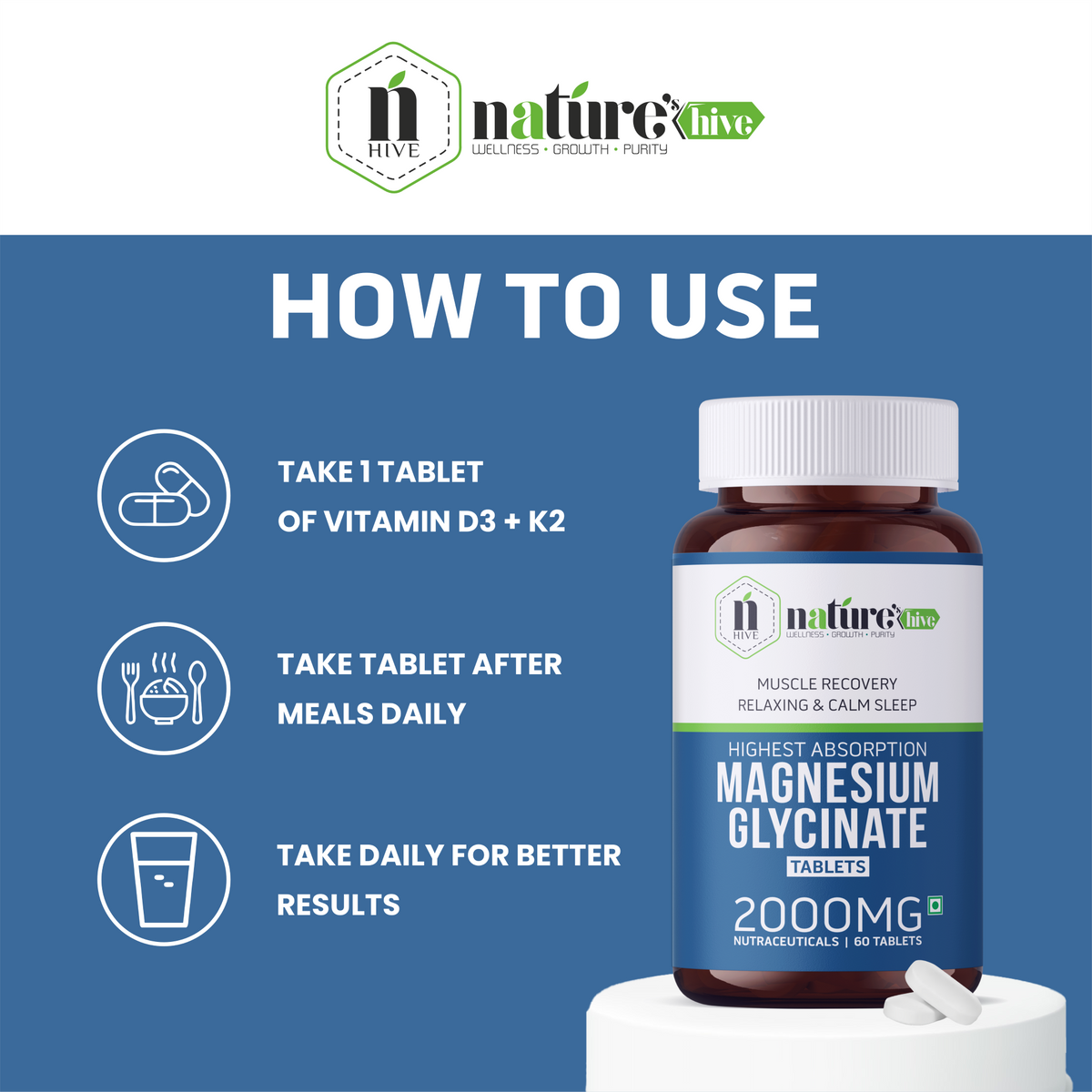 Nature's Hive Magnesium Tablets, 60-count vitamins and minerals supplement, showing a bottle of magnesium tablets.