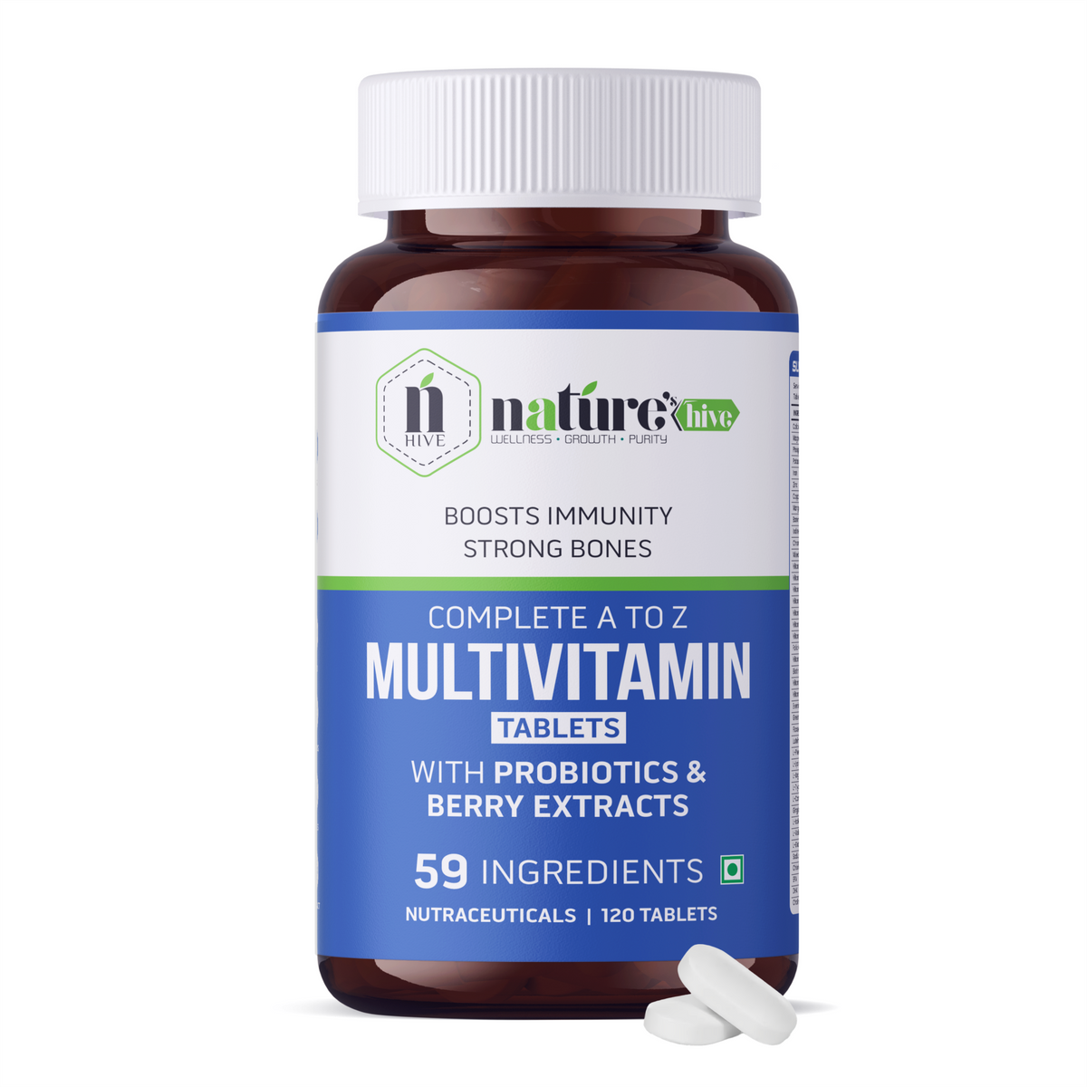 Nature's Hive multivitamin tablets with 60 vitamins and minerals, showing a bottle of supplement tablets on a white background.