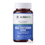 Nature's Hive multivitamin tablets with 60 vitamins and minerals, showing a bottle of supplement tablets on a white background.