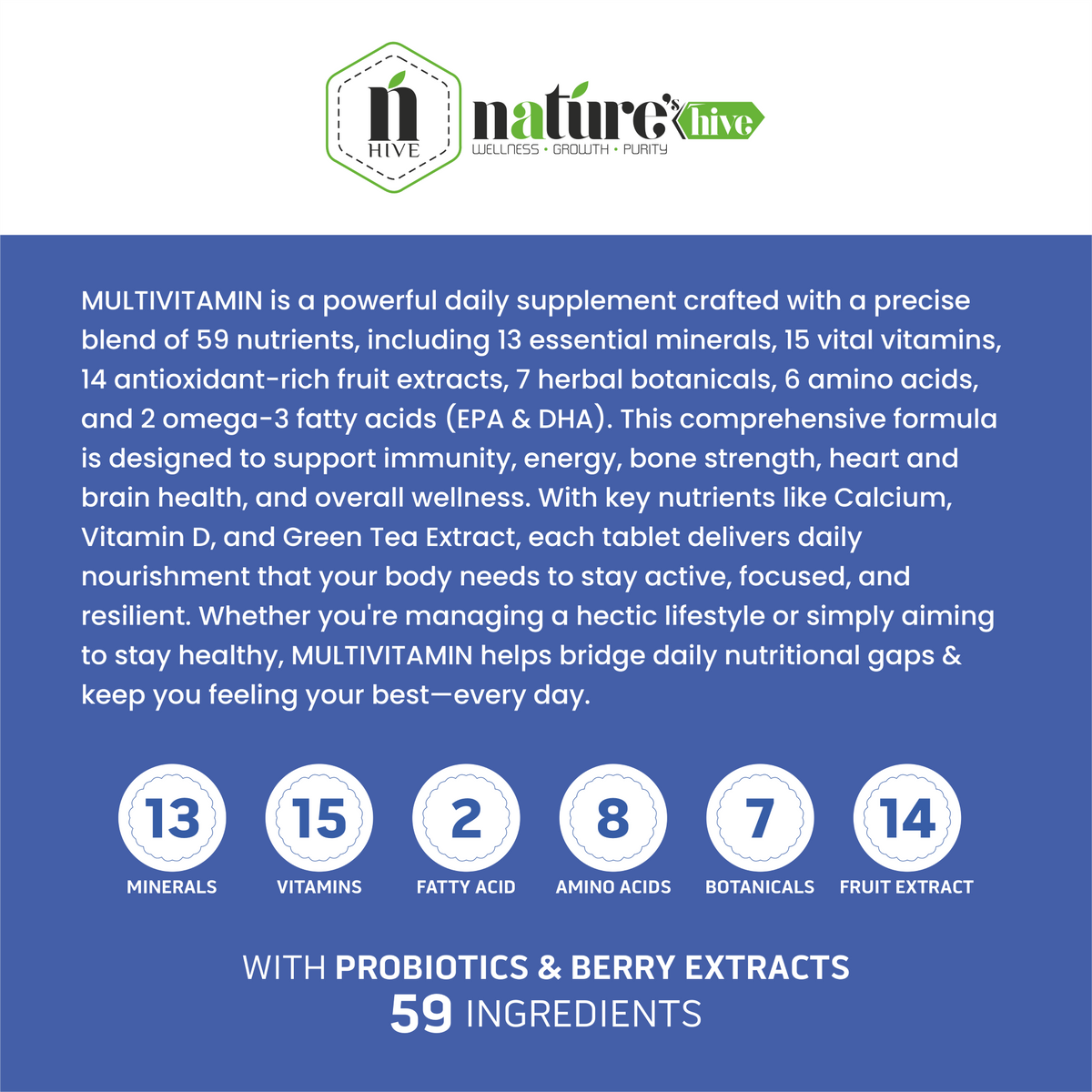Nature's Hive multivitamin tablets in a bottle, showing 60 tablets of vitamins and minerals for daily health support.